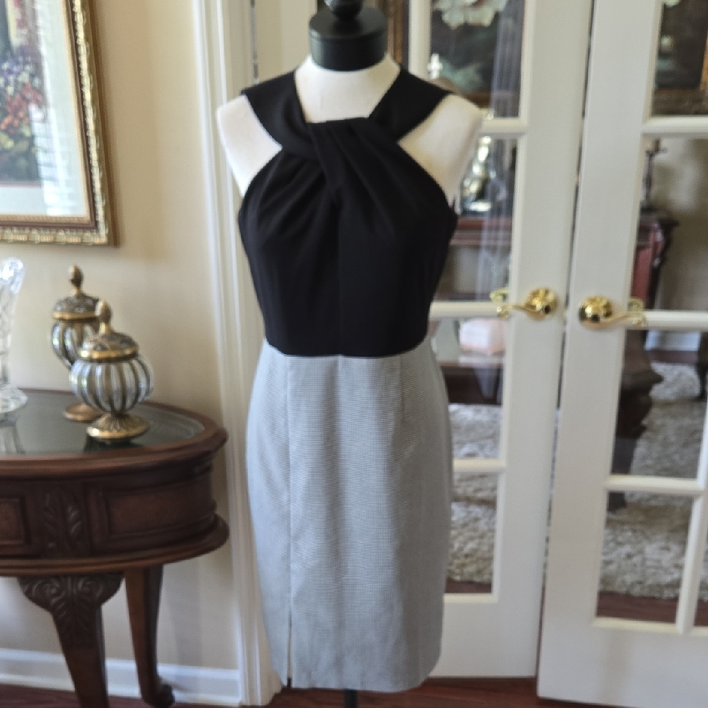 White House Black Market Black & Houndstooth Midi Dress Sleeveless Fitted 8P EUC